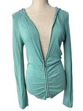 Guess Jeans Light Green Hooded Zip-Up Cardigan W/Ruched Front Long Sleeves M